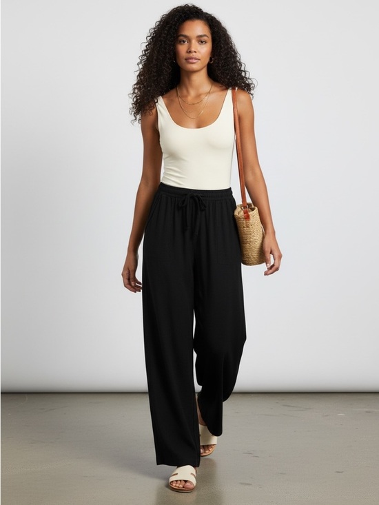 Pants - 1295 • Black Rayon/Linen Blend Soft Wide Leg Drawstring Raw Edge Pocket Pants